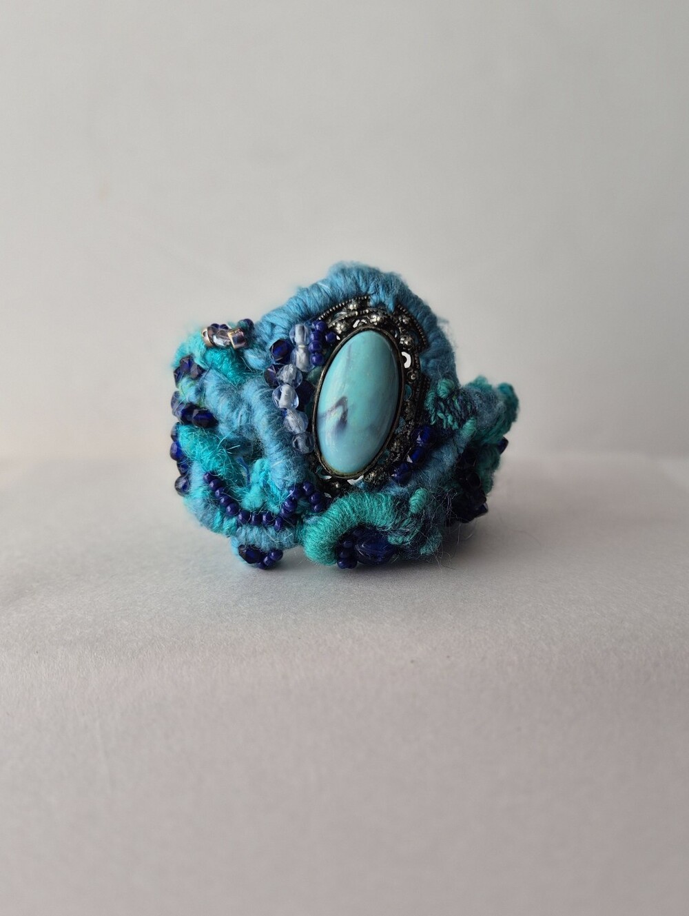 Boho Whimsigoth Turquoise Fiber Art Cuff Bracelet Fairycore Handmade Textile